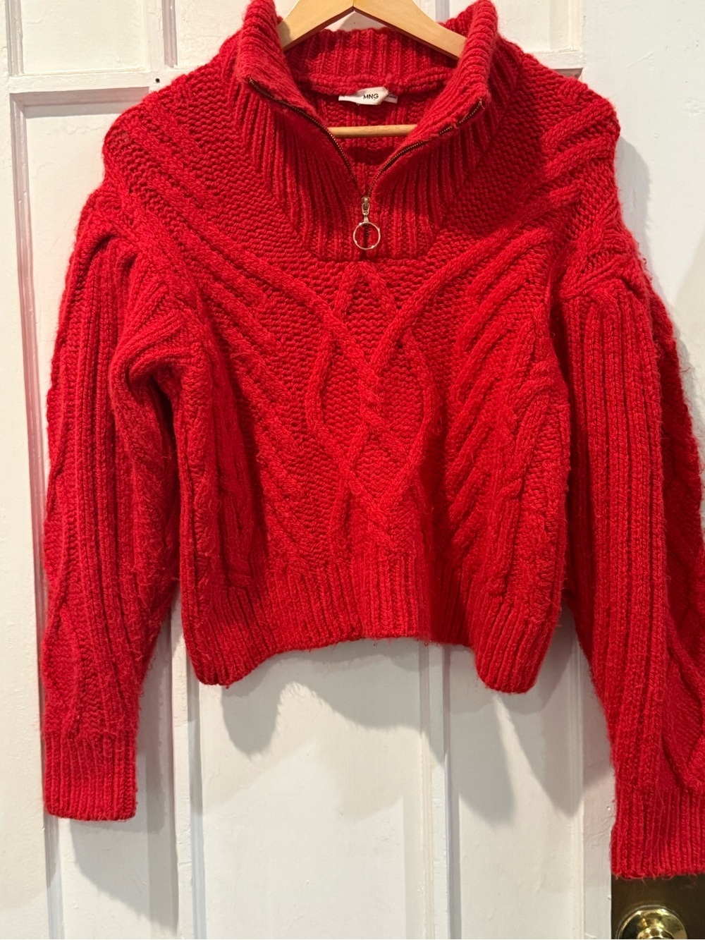 Mango Red Cable-Knit Half-Zip Turtleneck Sweater